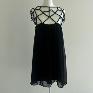Nameless Black Mini Dress with Geometric Mesh Yoke